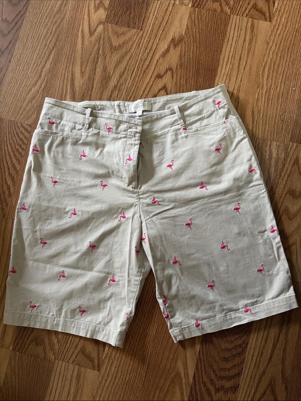 Talbots Cream Bermuda Shorts with Pink Flamingo Motif